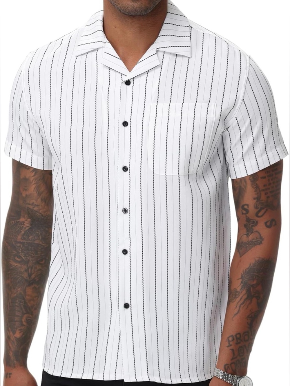 Men's White Short-Sleeve Stripe Button-Up Shirt